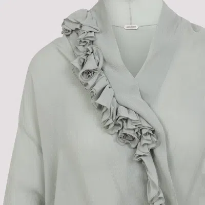 Alberta Ferretti Light Gray Ruffle Blouse With Deep V-neckline In White