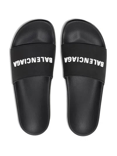 Balenciaga Pool Low Sandals With Logo In Black