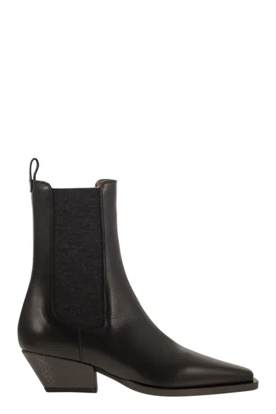 Brunello Cucinelli Classic Leather Chelsea Boot With Precious Block Heels In Black