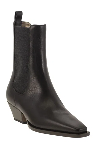 Brunello Cucinelli Classic Leather Chelsea Boot With Precious Block Heels In Black