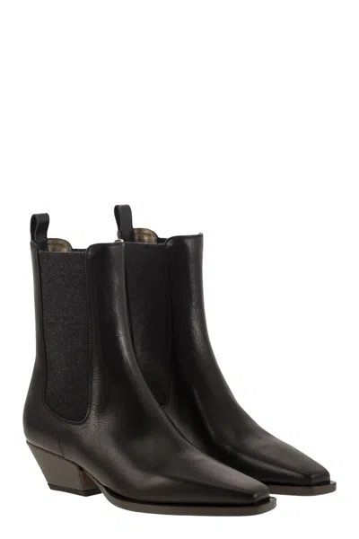 Brunello Cucinelli Classic Leather Chelsea Boot With Precious Block Heels In Black