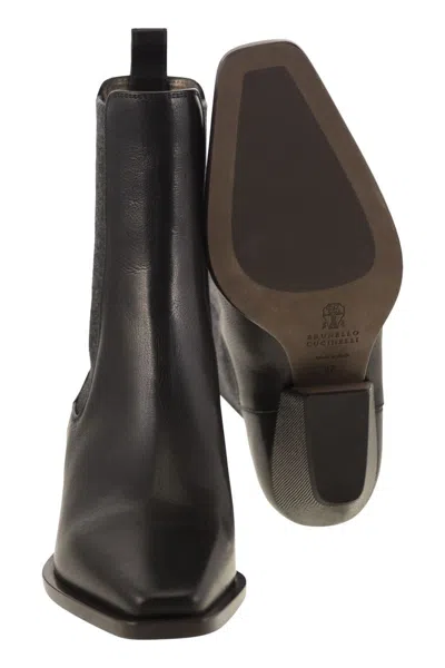 Brunello Cucinelli Classic Leather Chelsea Boot With Precious Block Heels In Black