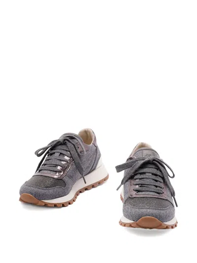 Brunello Cucinelli Runners In Techno Fabric And Calfskin With Precious Trim In Gray