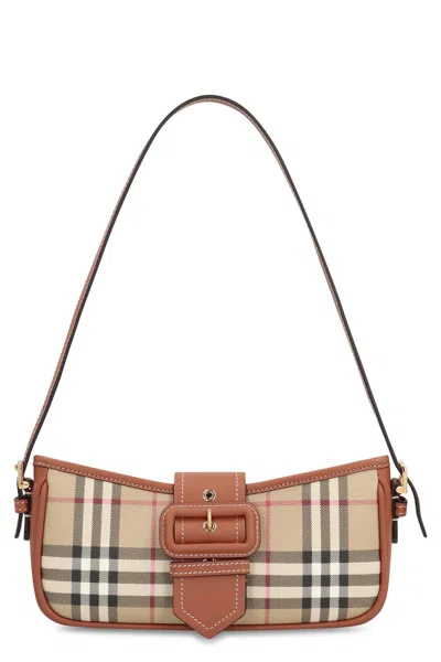 Burberry Canvas Sling Shoulder Bag With Checkered Pattern In Brown