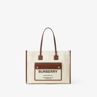 Burberry Medium Beige Leather Tote Handbag For Women With Horseferry Print In Neutral