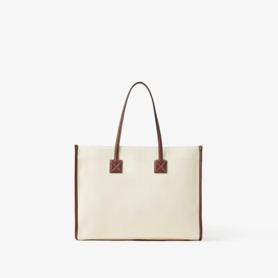 Burberry Medium Beige Leather Tote Handbag For Women With Horseferry Print In Neutral