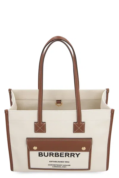 Burberry Medium Beige Leather Tote Handbag For Women With Horseferry Print In Neutral