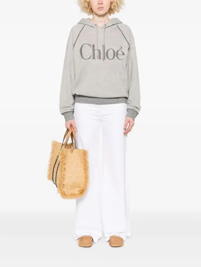 Chloé Cotton Blend Logo Hoodie In Gray