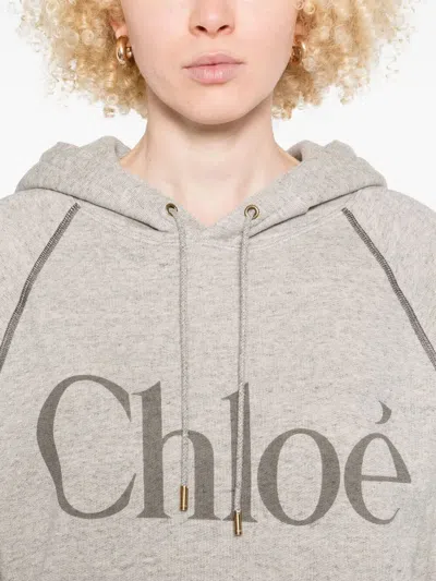 Chloé Cotton Blend Logo Hoodie In Gray