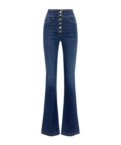 Elisabetta Franchi High-waisted Flared Leg Trousers With Button Detailing In Blue