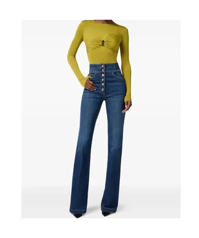 Elisabetta Franchi High-waisted Flared Leg Trousers With Button Detailing In Blue