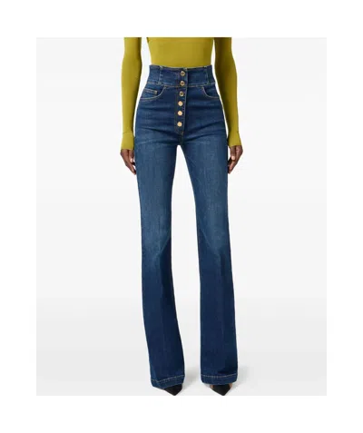 Elisabetta Franchi High-waisted Flared Leg Trousers With Button Detailing In Blue