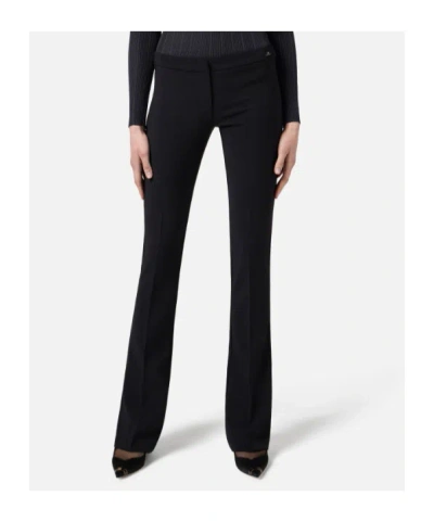 Elisabetta Franchi Flared Trousers With Button Detail And Ribbed Texture In Black