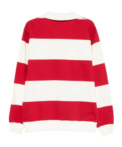 Drôle De Monsieur Striped Long Sleeve Polo Shirt With Embroidery In Red