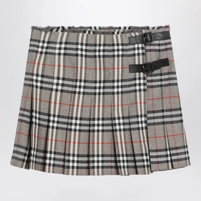 Burberry Plaid Pleated Skirt With Frayed Hem And Buckle Accents In Gray
