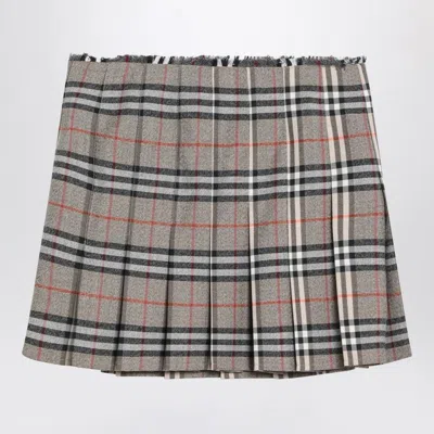 Burberry Plaid Pleated Skirt With Frayed Hem And Buckle Accents In Gray