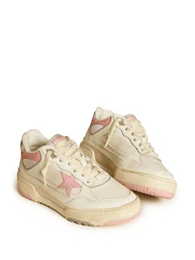 Golden Goose Forty2 Distressed Finish Leather And Fabric Sneakers With Pink Star In Multi