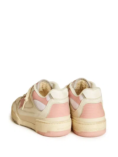 Golden Goose Forty2 Distressed Finish Leather And Fabric Sneakers With Pink Star In Multi