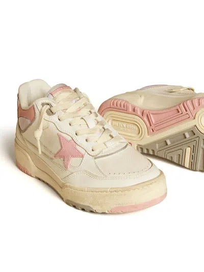 Golden Goose Forty2 Distressed Finish Leather And Fabric Sneakers With Pink Star In Multi