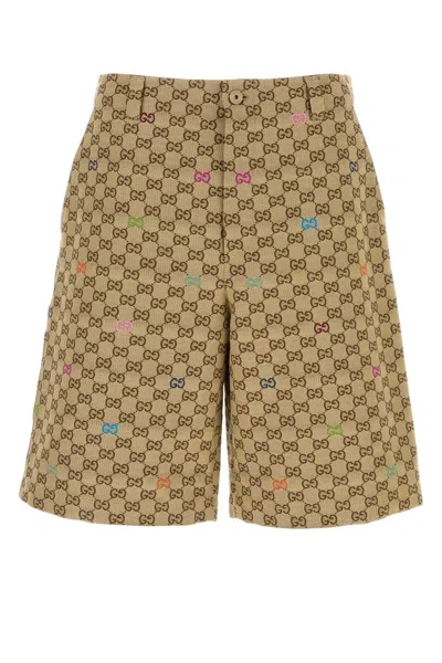 Gucci Men Beige Bermuda Pants With Belt Loops In Gg Canvas Man In Gold