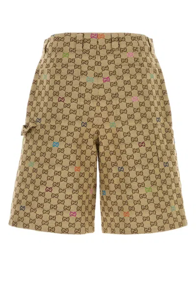 Gucci Men Beige Bermuda Pants With Belt Loops In Gg Canvas Man In Gold
