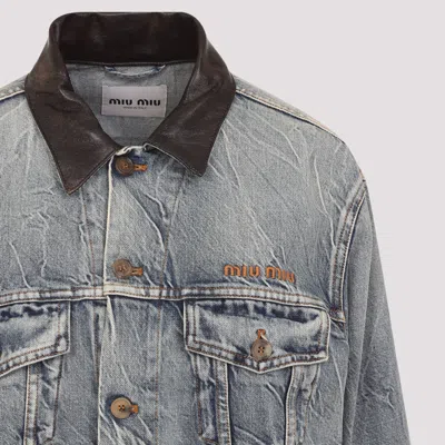 Miu Miu Denim Jacket With Lamb Leather Collar In Blue
