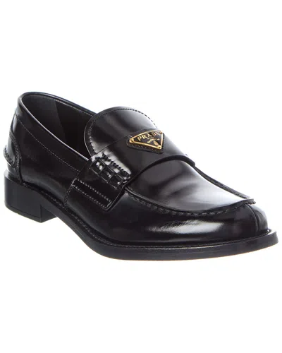 Prada Logo Brushed Leather Loafer In Black