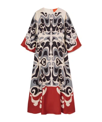 La Doublej La Double J Silk Midi Dress With Abstract Pattern In White