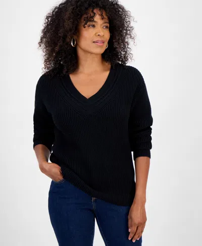 Style & Co Petite Textured Stitch V-neck Sweater, Macy's Exclusive In Black