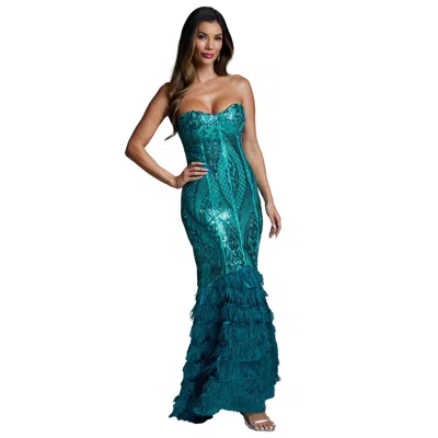 Bebe Sequin Feather Trim Strapless Gown In Crystal Teal