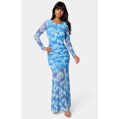 Bebe Ruched Longsleeve Printed Maxi Dress In Soft Tapestry