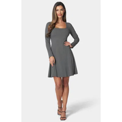 Bebe Long Sleeve Rib Godet Dress In Charcoal