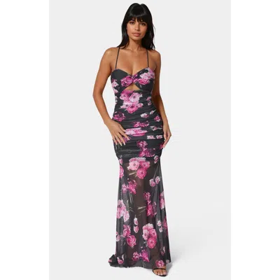Bebe Twist Front Mermaid Mesh Gown In Lavender Mystique