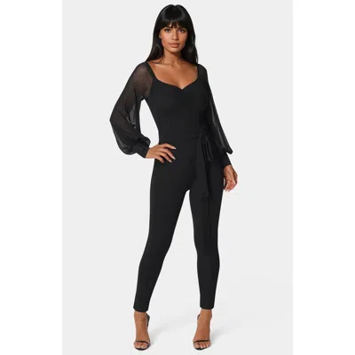 Bebe Printed Mesh Off Shoulder Catsuit In Black