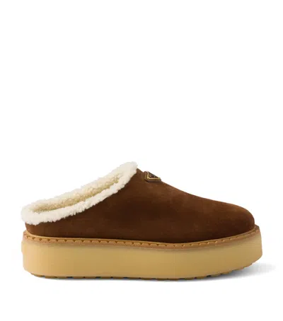 Prada Brown Suede Mules With Shearling Trim And Plush Lining In Blue