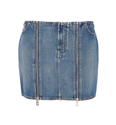 Jean Paul Gaultier Denim Miniskirt With Double Vertical Silver Zippers In Blue