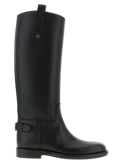 Burberry Women Black Boots With Side Logo Plaque In Leather Woman In Black