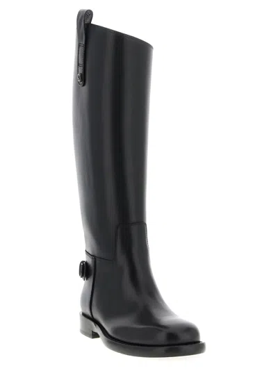 Burberry Women Black Boots With Side Logo Plaque In Leather Woman In Black