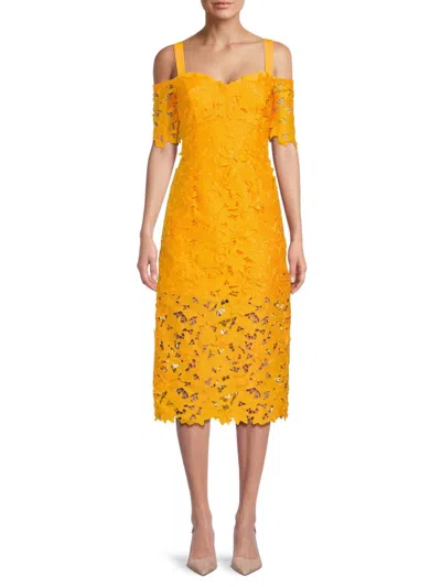 Zac Posen Guipure Lace Cold-shoulder Midi Sheath Dress In Yellow