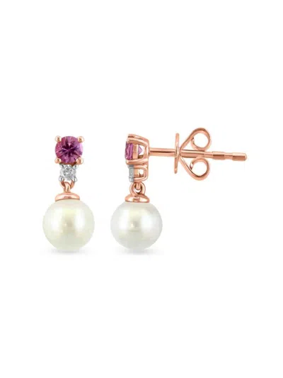 Saks Fifth Avenue Women's 14k Yellow Gold, 5.5mm Round Freshwater Pearl, Pink Sapphire & Diamond Drop Earrings In Gold