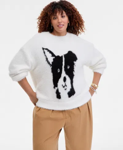 On 34th Womens Eyelash Dog Crewneck Sweater Xxs 3x Macys Exclusive In White