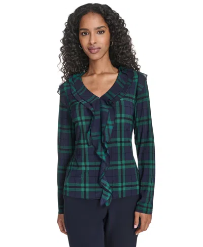 Tommy Hilfiger Women's Long Sleeve Plaid Mixed Media Ruffle Top In Multi