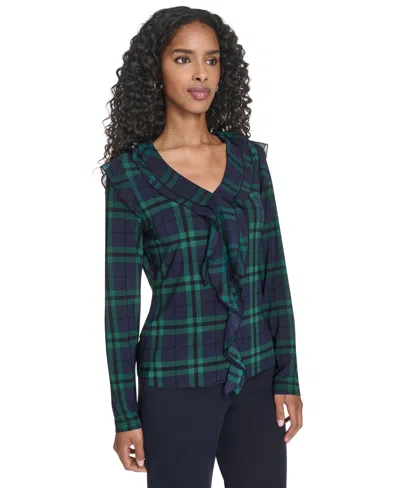 Tommy Hilfiger Women's Long Sleeve Plaid Mixed Media Ruffle Top In Multi