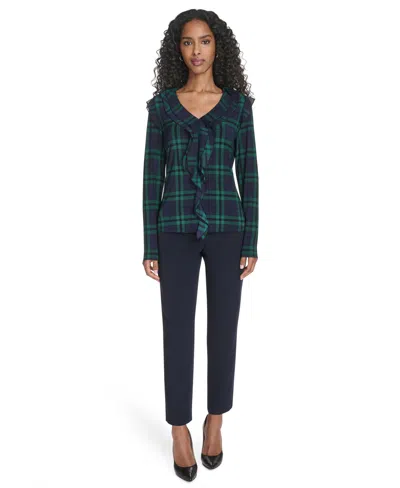 Tommy Hilfiger Women's Long Sleeve Plaid Mixed Media Ruffle Top In Multi