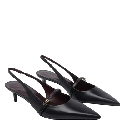 Tory Burch Double T Buckle Slingback Kitten Heel Sandals In Black