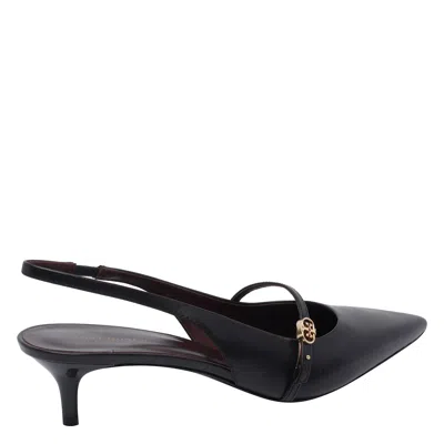 Tory Burch Double T Buckle Slingback Kitten Heel Sandals In Black