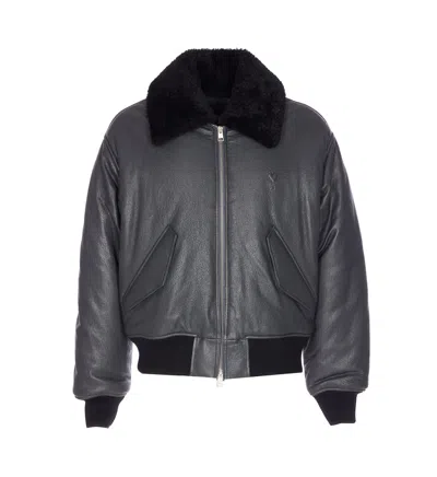 Ami Alexandre Mattiussi Leather Bomber Jacket Shearling Collar In Gray
