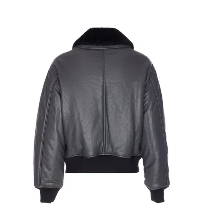 Ami Alexandre Mattiussi Leather Bomber Jacket Shearling Collar In Gray