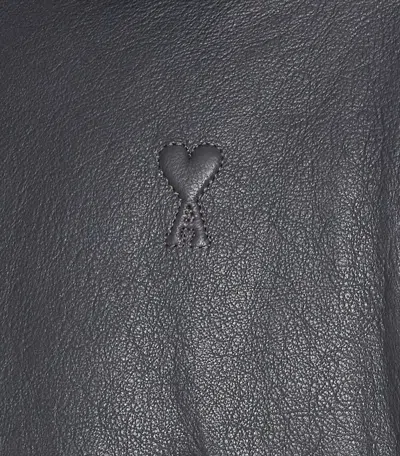 Ami Alexandre Mattiussi Leather Bomber Jacket Shearling Collar In Gray