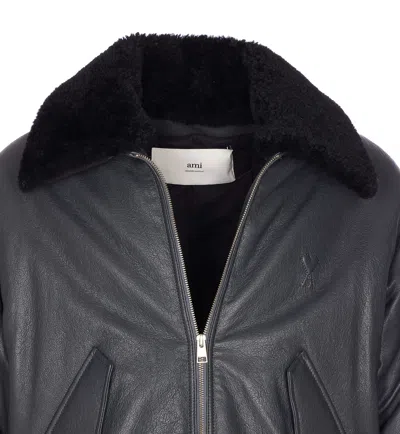 Ami Alexandre Mattiussi Leather Bomber Jacket Shearling Collar In Gray